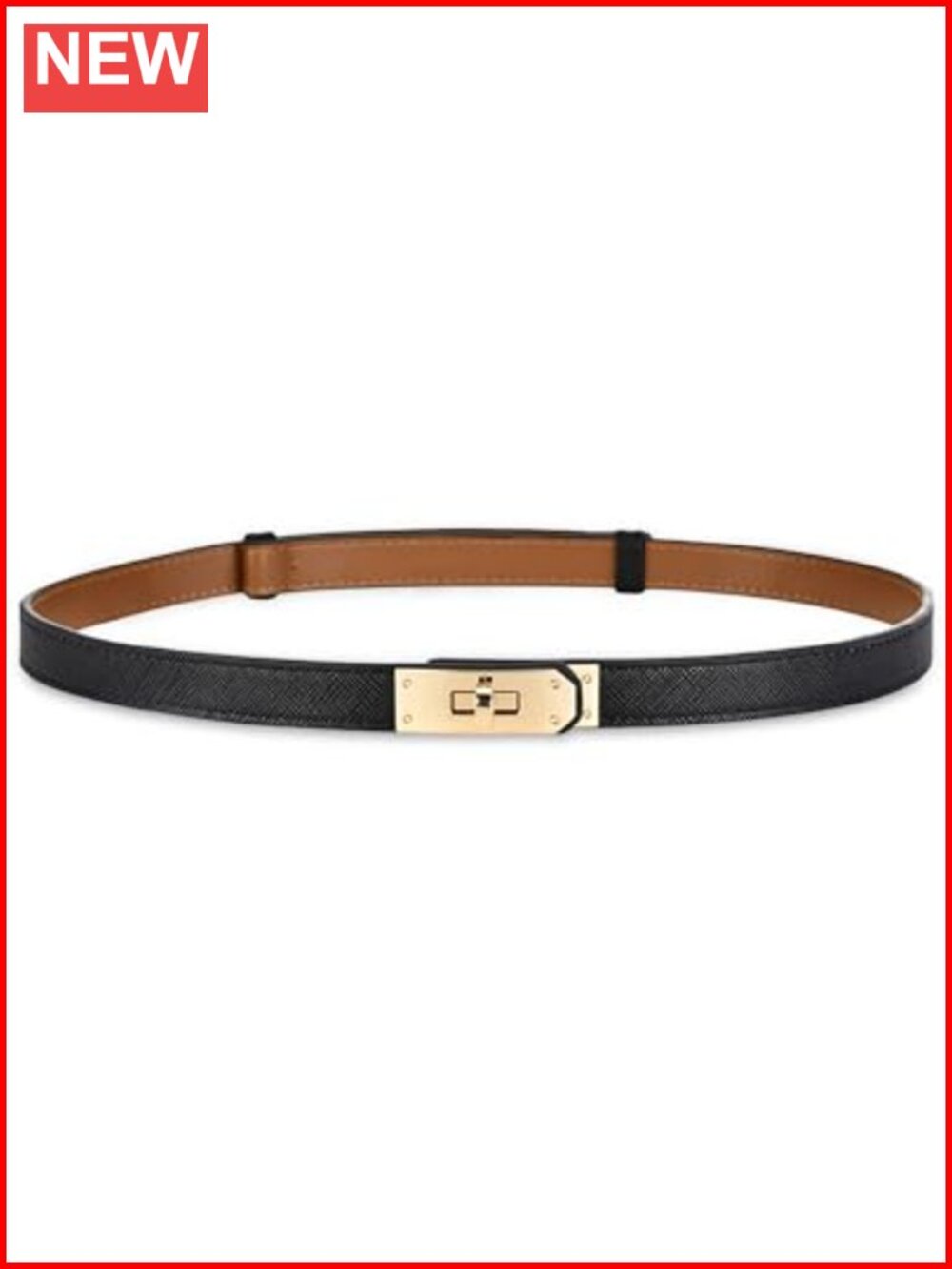 Women's Skinny Leather Belt Adjustable Golden Turn-Lock Buckle for Dresses Jeans